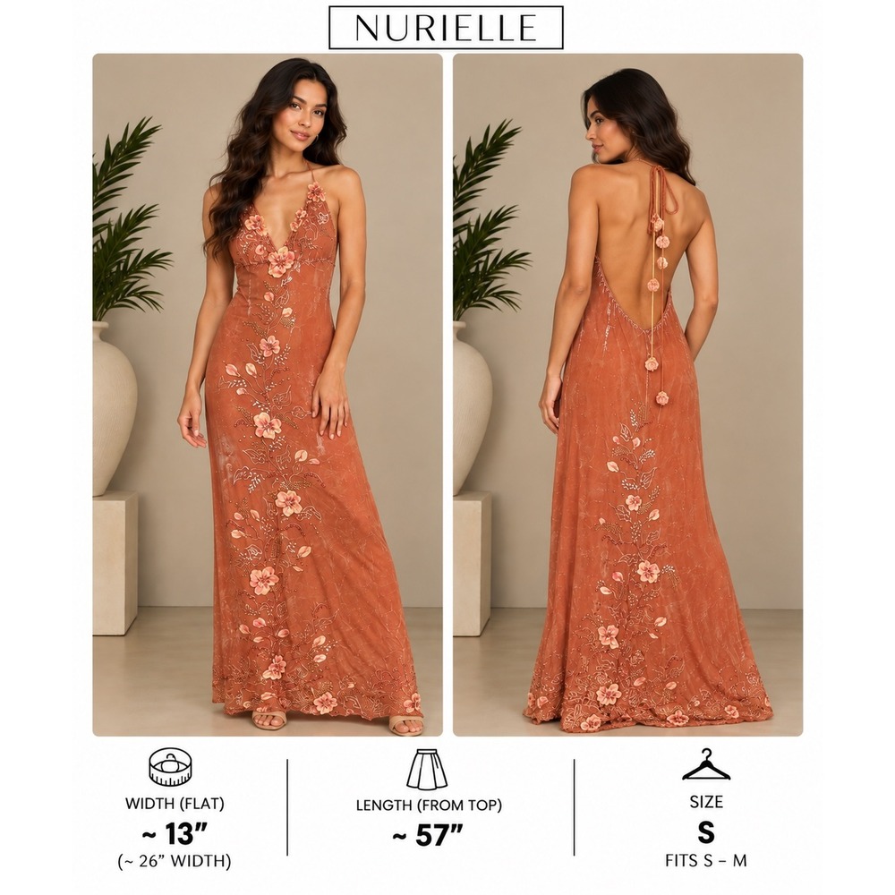 Nurielle Orange Floral Embroidered 3D Applique Open Back Maxi Dress Small